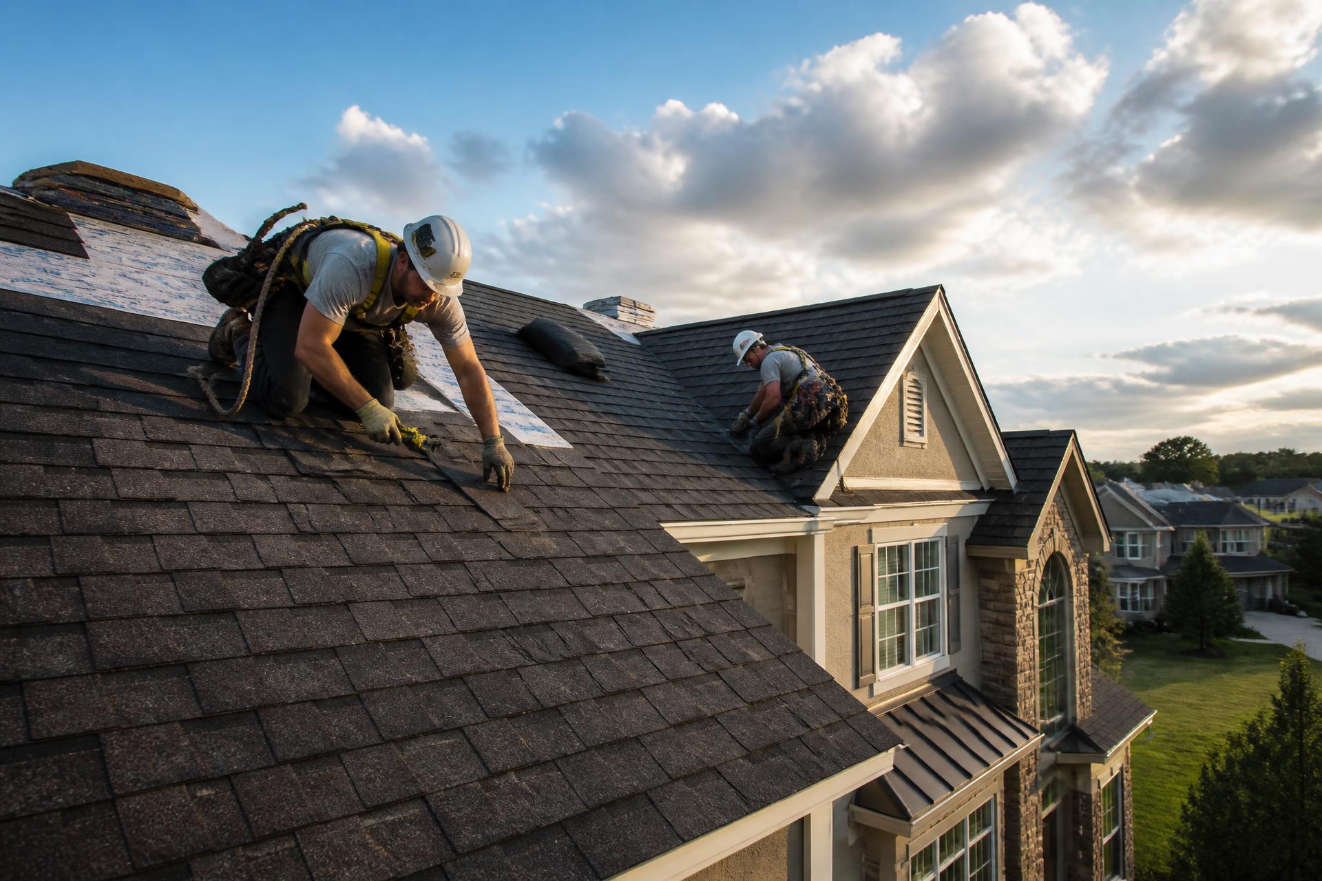 Professional roofers installing architectural shingles on a residential Kansas home