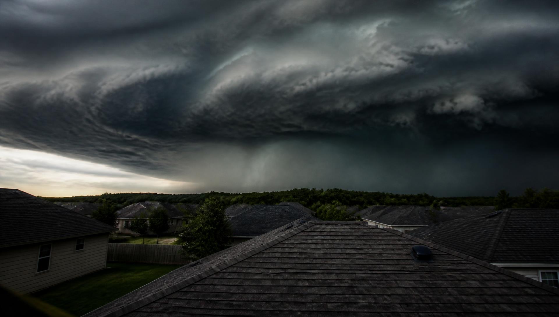 Dark storm clouds rolling over a residential Kansas neighborhood